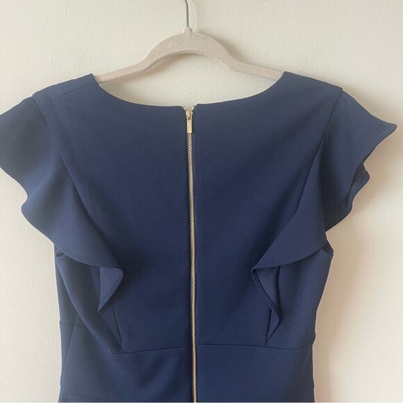 DKNY Elegant Navy Blue Sheath Dress Ruffle Sleeves V-Neck Women’s size 6 - Picture 4 of 9